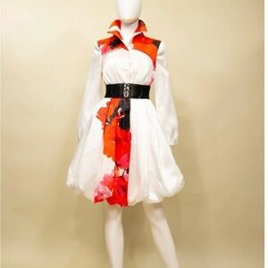 Samuel Dong White and Red Fit and Flare Dress with Notched Collar